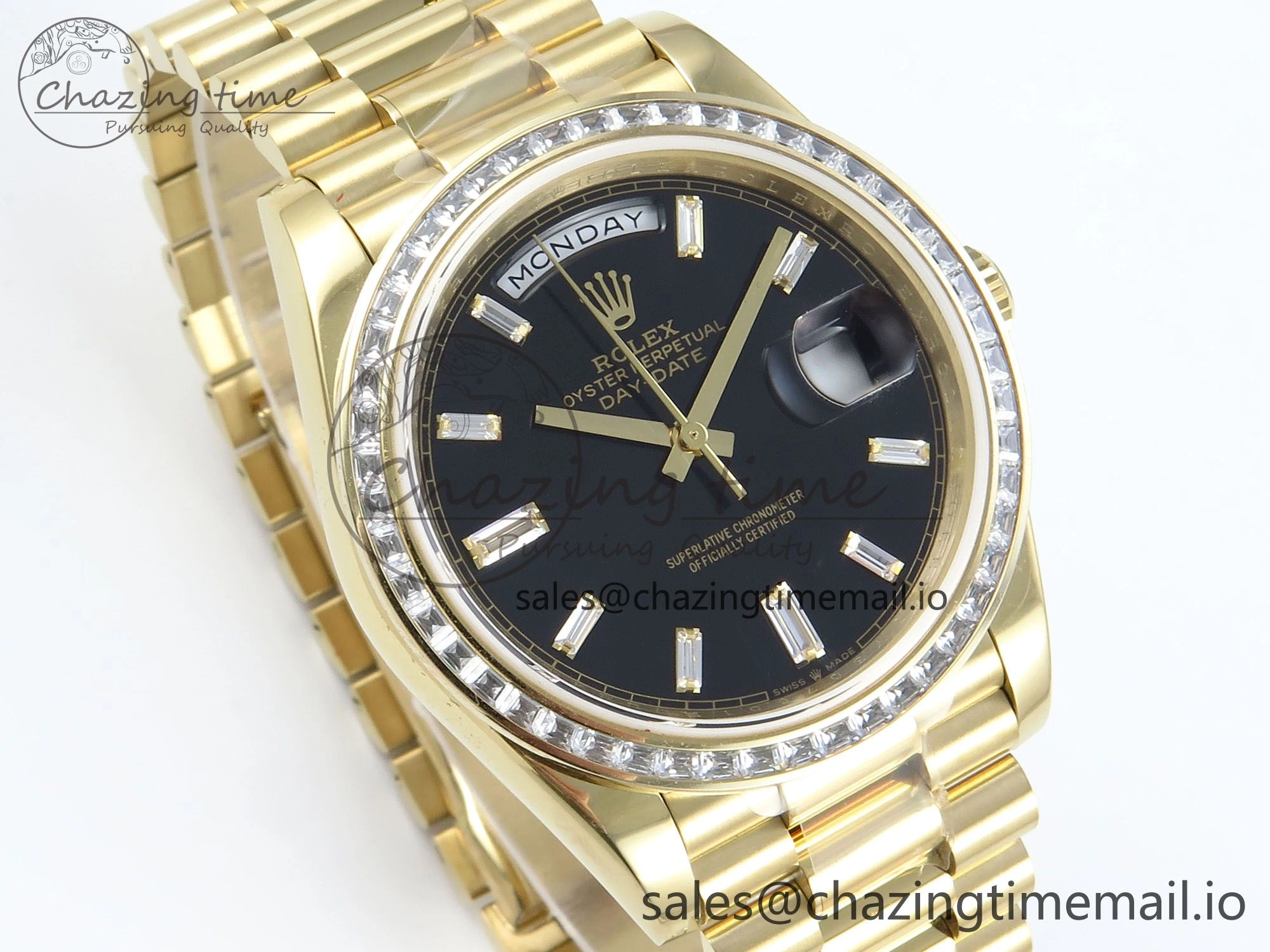DayDate 40 YG QF 1:1 Best Edition Black Crystal Dial Diamonds Bezel on President Bracelet A2836 V5 (Gain Weight) UrbanChic 487