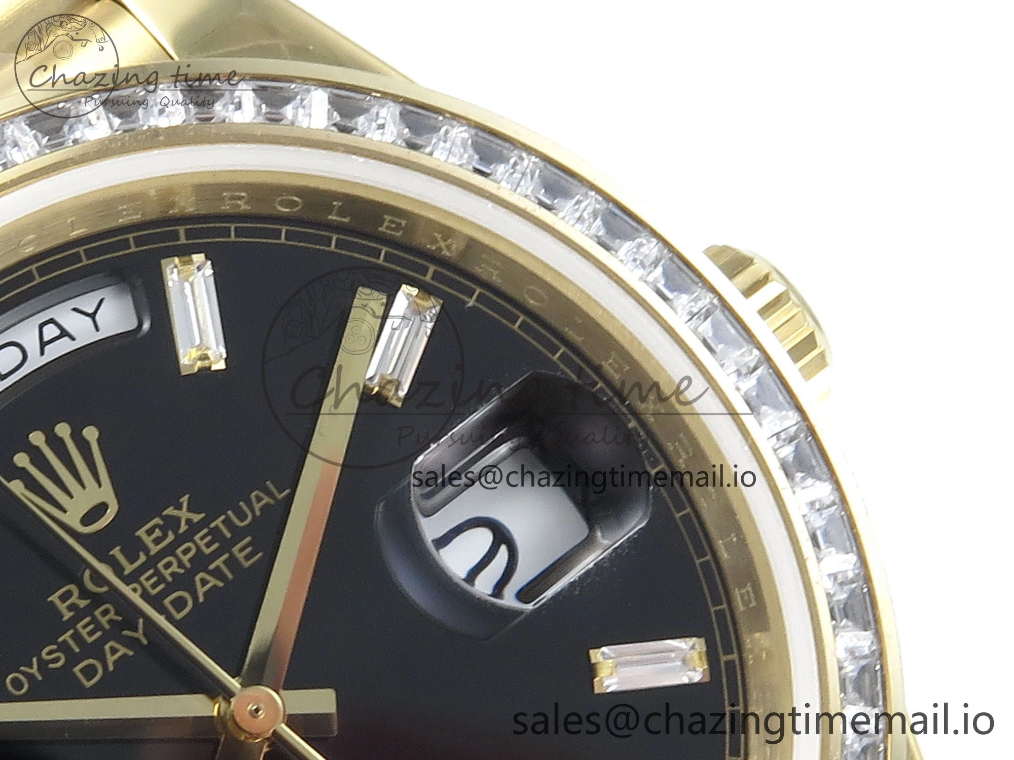 DayDate 40 YG QF 1:1 Best Edition Black Crystal Dial Diamonds Bezel on President Bracelet A2836 V5 (Gain Weight) UrbanChic 487