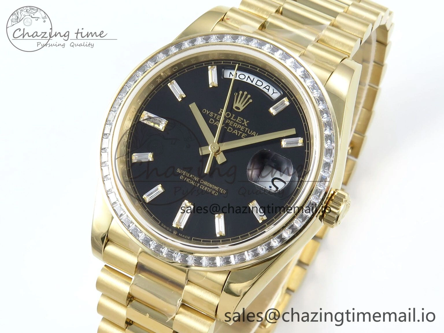 DayDate 40 YG QF 1:1 Best Edition Black Crystal Dial Diamonds Bezel on President Bracelet A2836 V5 (Gain Weight) UrbanChic 487