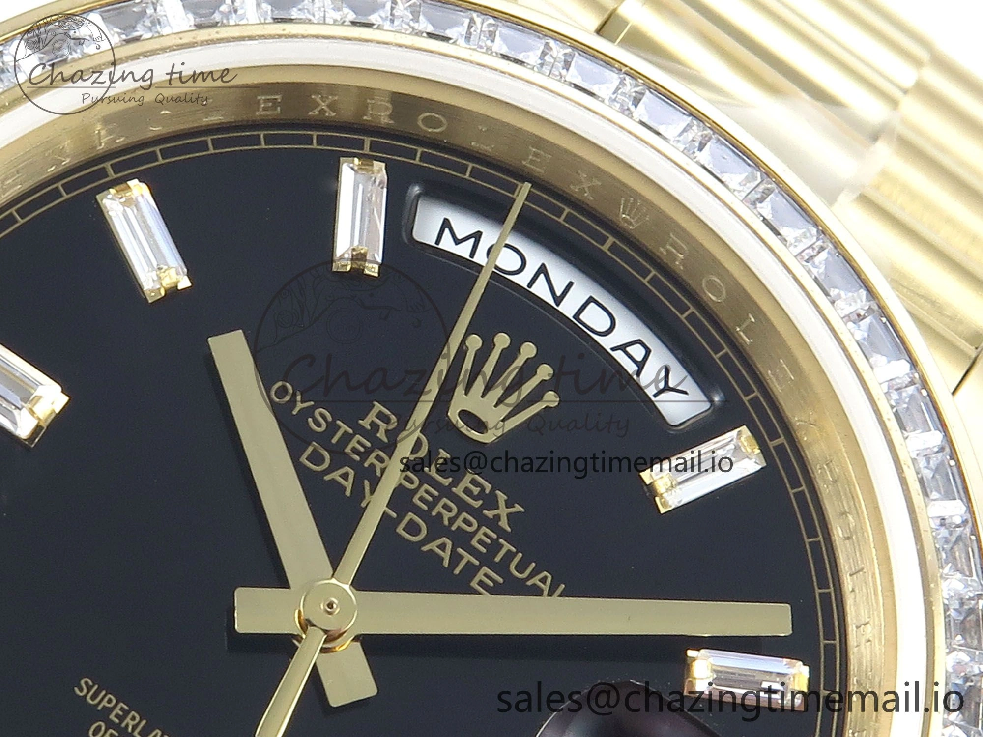 DayDate 40 YG QF 1:1 Best Edition Black Crystal Dial Diamonds Bezel on President Bracelet A2836 V5 (Gain Weight) UrbanChic 487
