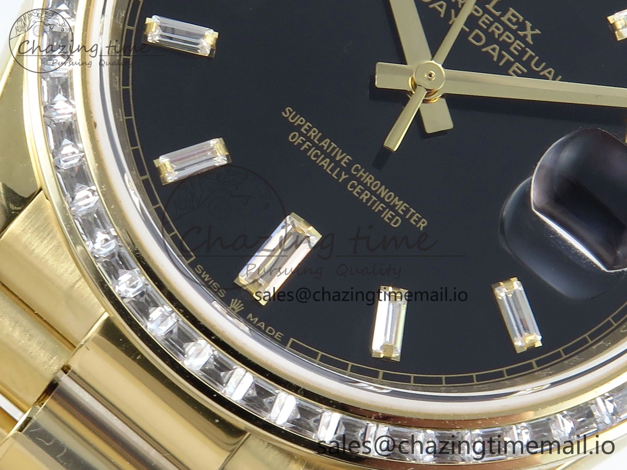 DayDate 40 YG QF 1:1 Best Edition Black Crystal Dial Diamonds Bezel on President Bracelet A2836 V5 (Gain Weight) UrbanChic 487