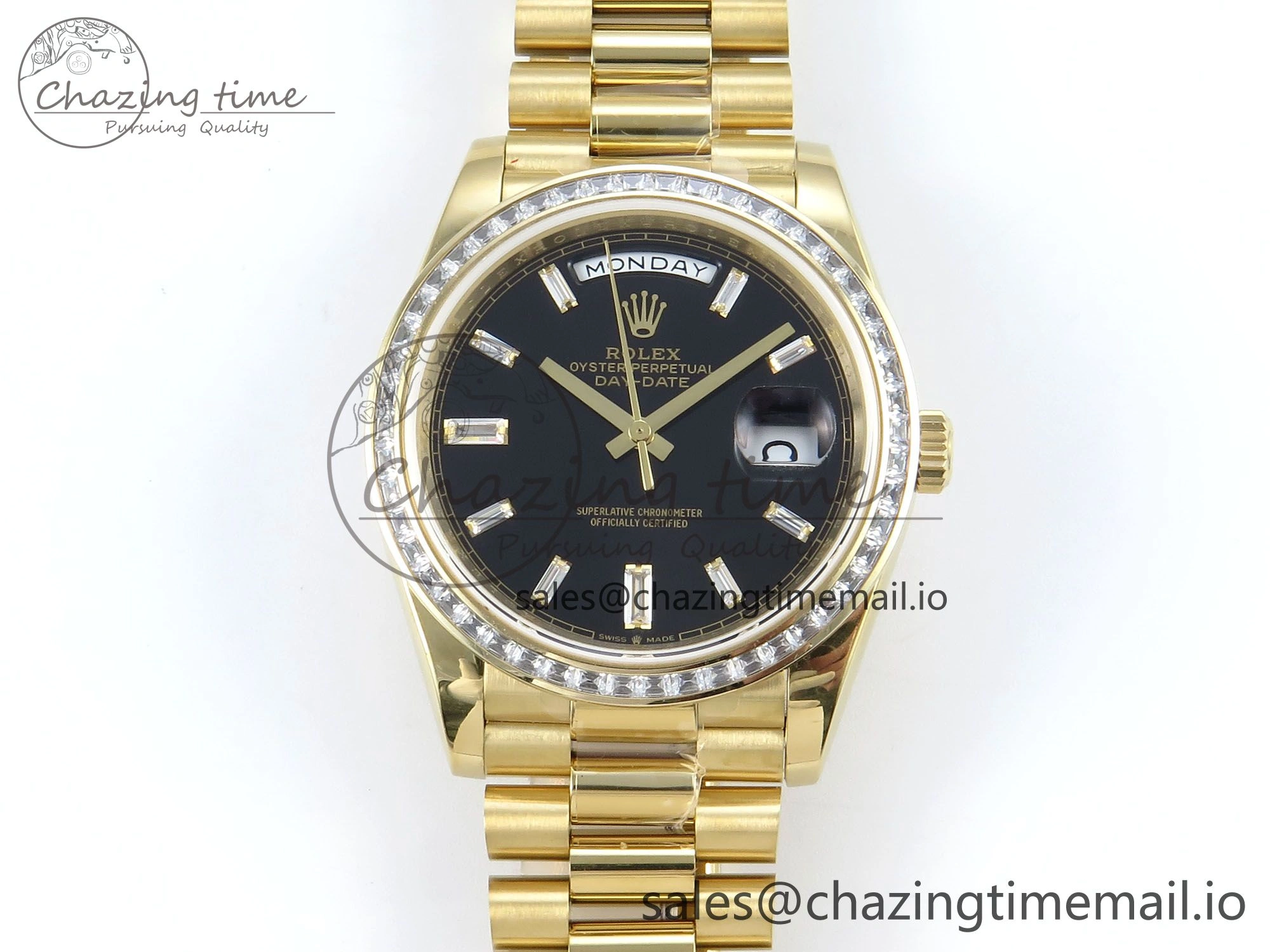 DayDate 40 YG QF 1:1 Best Edition Black Crystal Dial Diamonds Bezel on President Bracelet A2836 V5 (Gain Weight) UrbanChic 487