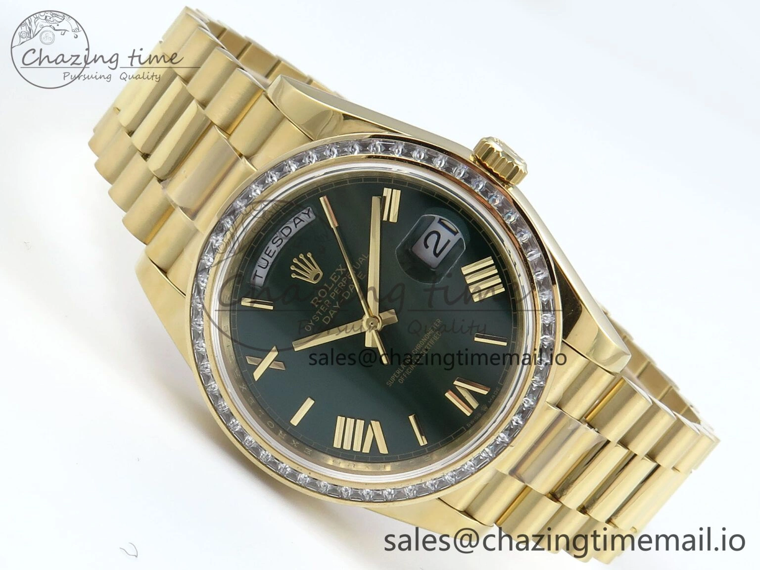 OnTrend DayDate 40 YG QF 1:1 Best Edition Green Roman Dial Diamonds Bezel on President Bracelet A2836 V5 (Gain Weight) 486