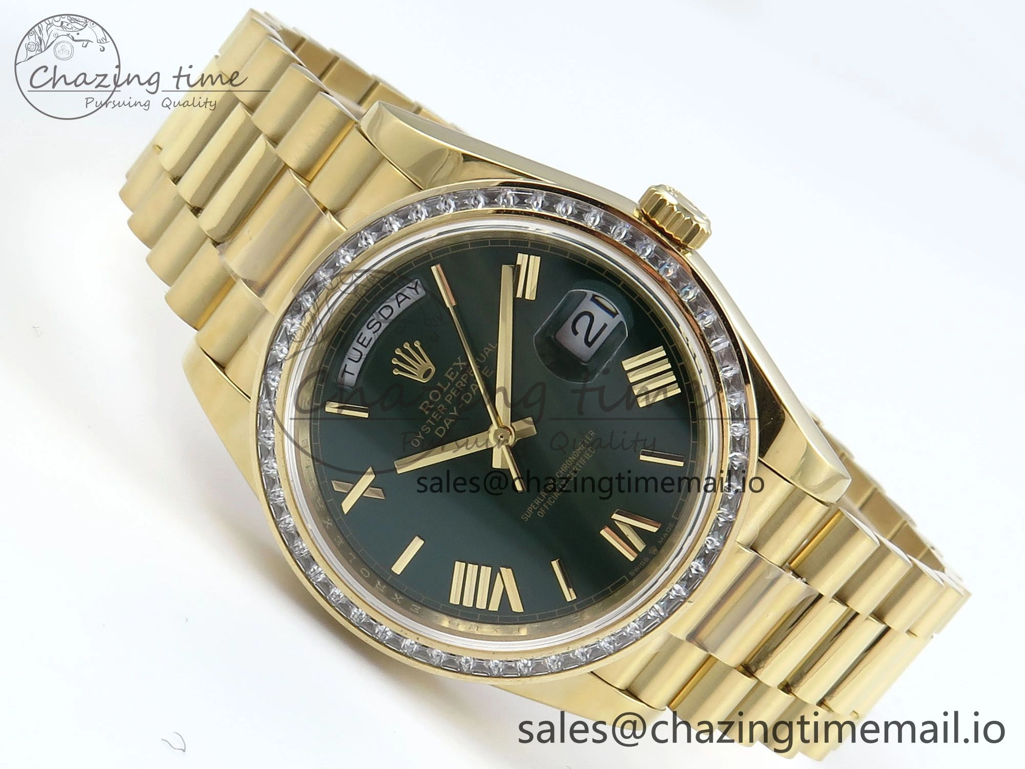 OnTrend DayDate 40 YG QF 1:1 Best Edition Green Roman Dial Diamonds Bezel on President Bracelet A2836 V5 (Gain Weight) 486