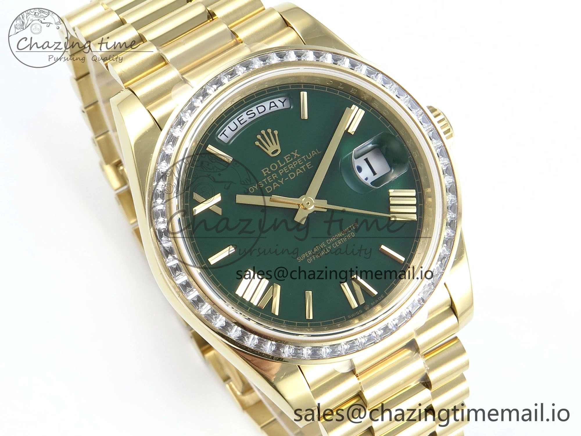 OnTrend DayDate 40 YG QF 1:1 Best Edition Green Roman Dial Diamonds Bezel on President Bracelet A2836 V5 (Gain Weight) 486