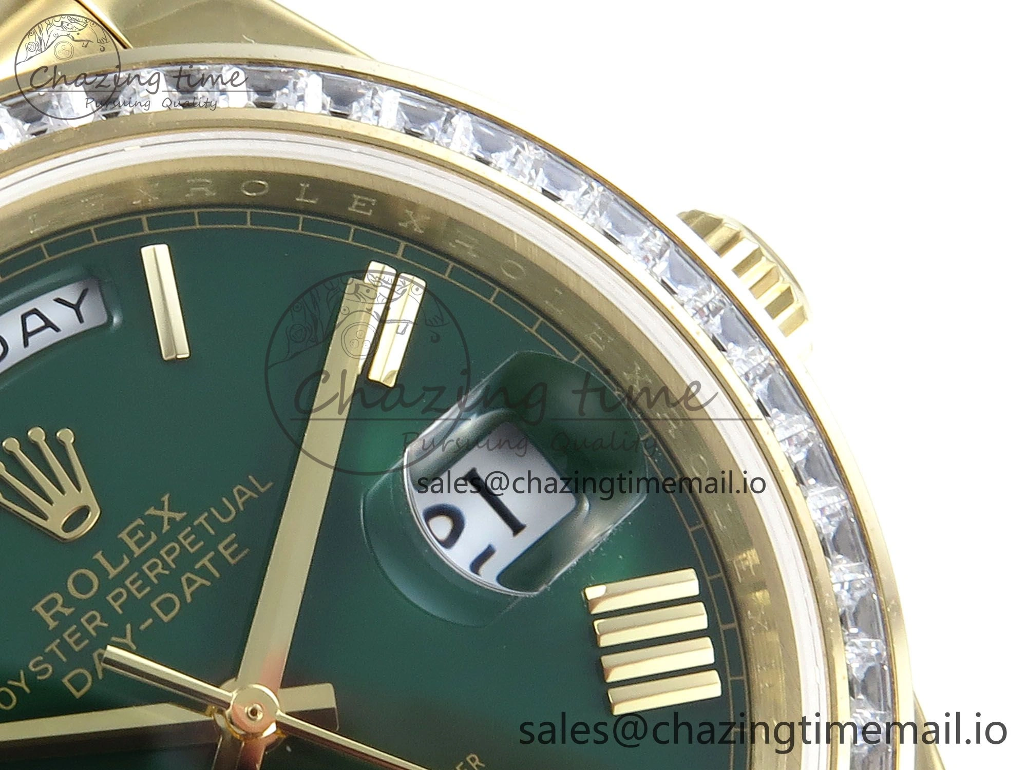 OnTrend DayDate 40 YG QF 1:1 Best Edition Green Roman Dial Diamonds Bezel on President Bracelet A2836 V5 (Gain Weight) 486