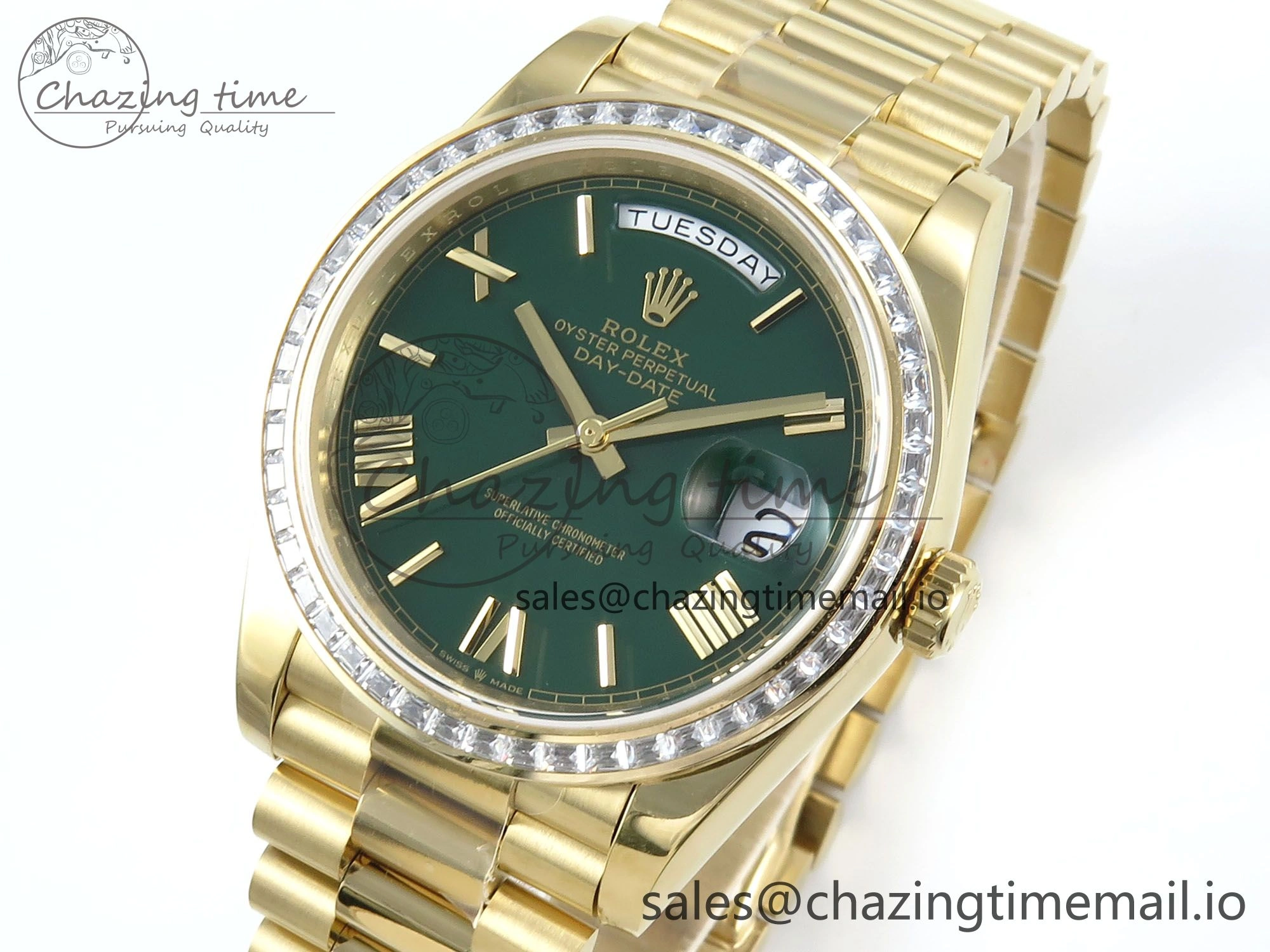 OnTrend DayDate 40 YG QF 1:1 Best Edition Green Roman Dial Diamonds Bezel on President Bracelet A2836 V5 (Gain Weight) 486