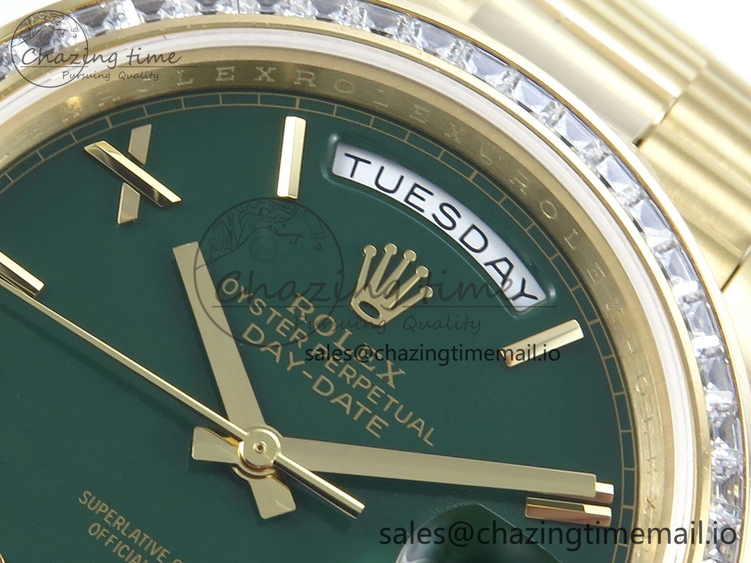 OnTrend DayDate 40 YG QF 1:1 Best Edition Green Roman Dial Diamonds Bezel on President Bracelet A2836 V5 (Gain Weight) 486