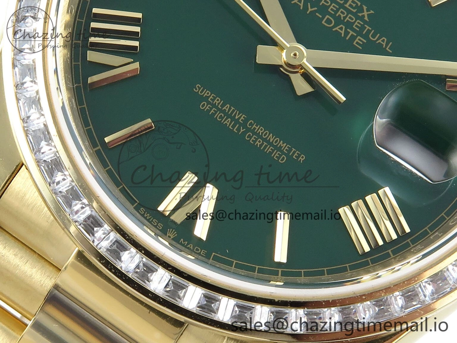 OnTrend DayDate 40 YG QF 1:1 Best Edition Green Roman Dial Diamonds Bezel on President Bracelet A2836 V5 (Gain Weight) 486