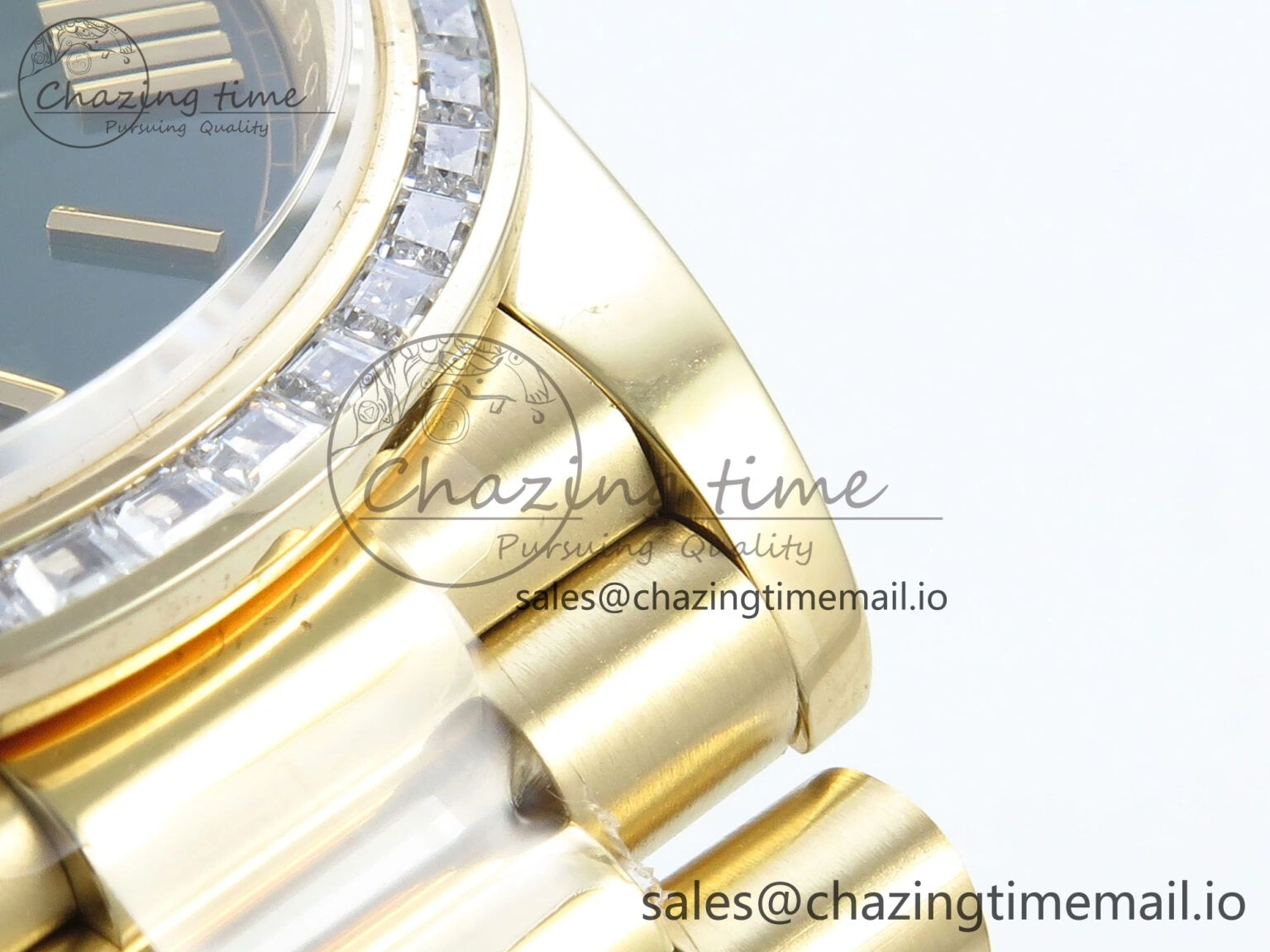 OnTrend DayDate 40 YG QF 1:1 Best Edition Green Roman Dial Diamonds Bezel on President Bracelet A2836 V5 (Gain Weight) 486