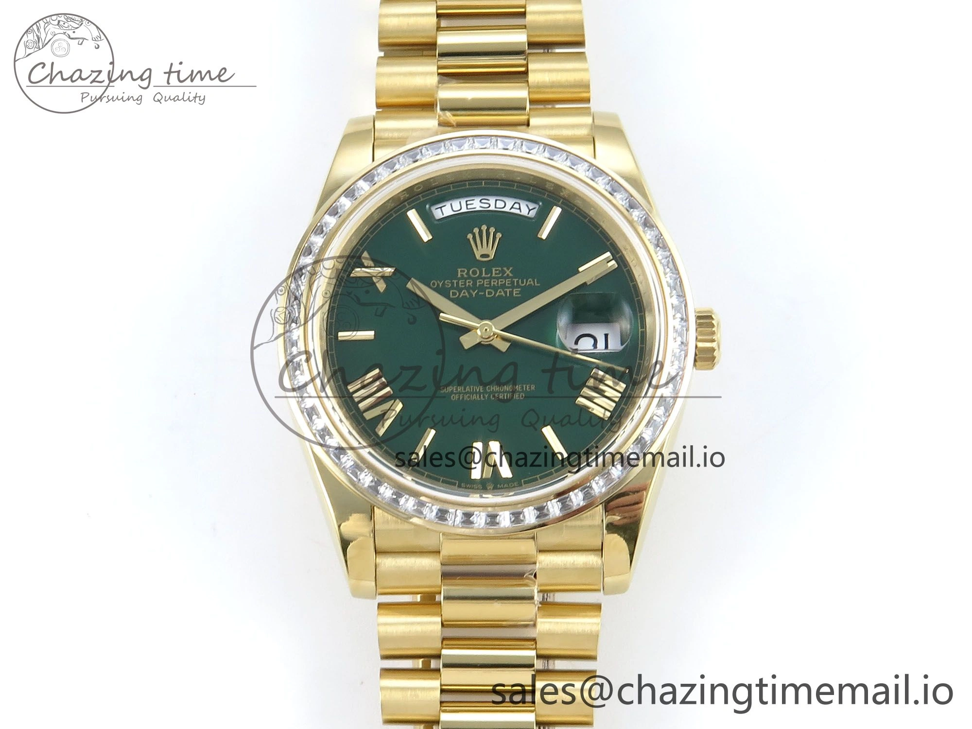 OnTrend DayDate 40 YG QF 1:1 Best Edition Green Roman Dial Diamonds Bezel on President Bracelet A2836 V5 (Gain Weight) 486