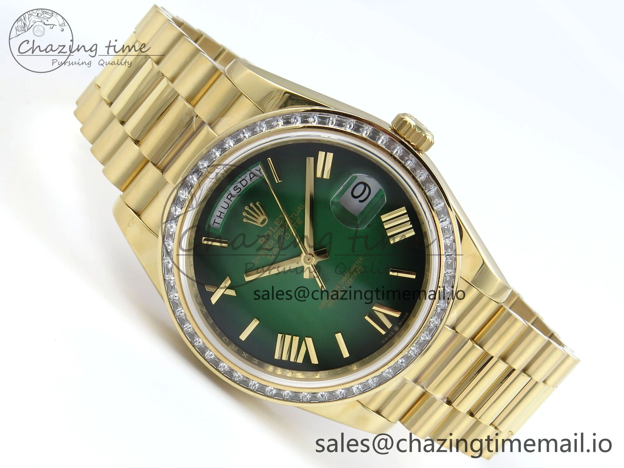 DayDate 40 YG QF 1:1 Best Edition Green Black Dial Diamonds Bezel on President Bracelet A2836 V5 (Gain Weight) Reliable 490