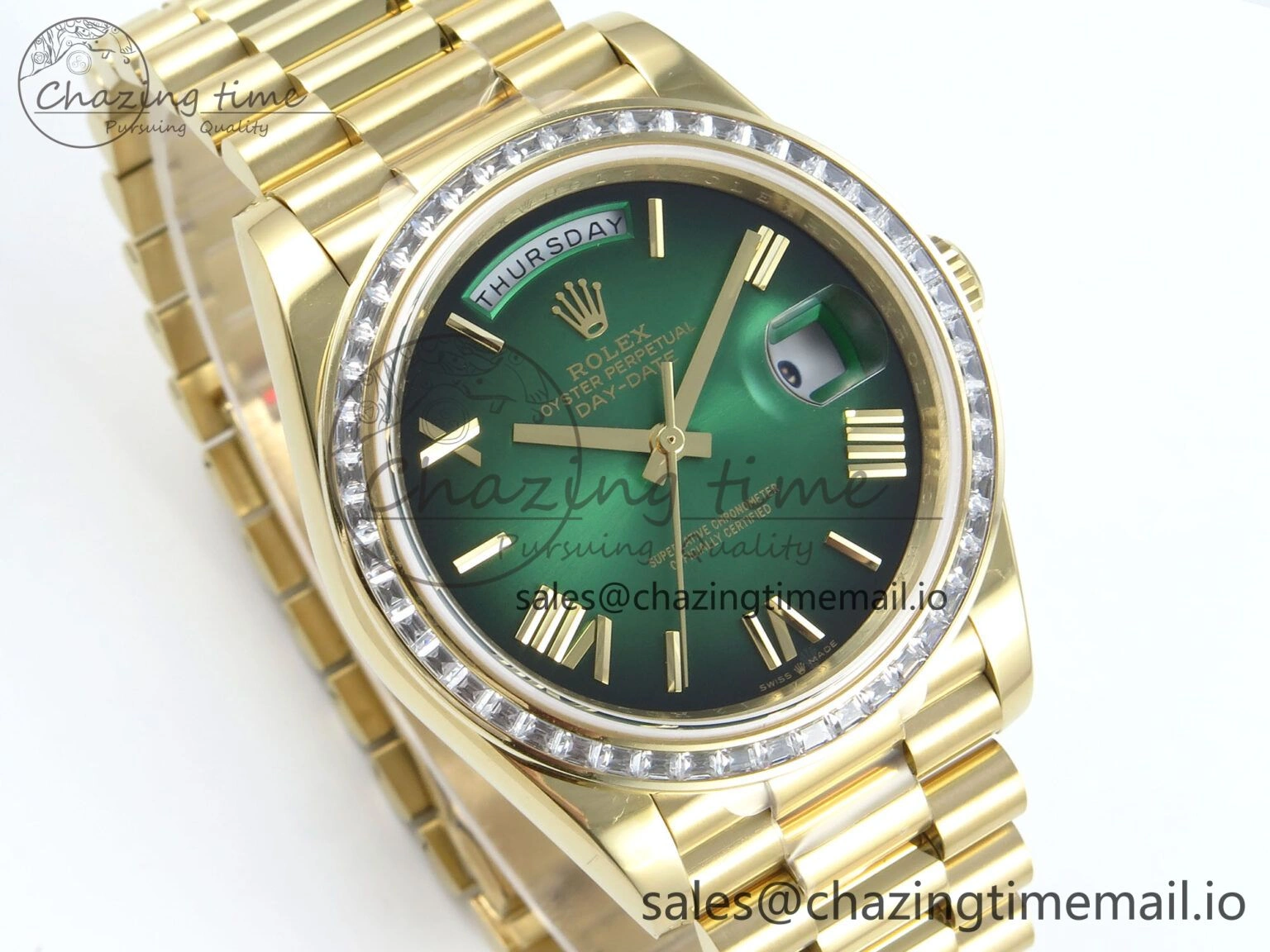 DayDate 40 YG QF 1:1 Best Edition Green Black Dial Diamonds Bezel on President Bracelet A2836 V5 (Gain Weight) Reliable 490