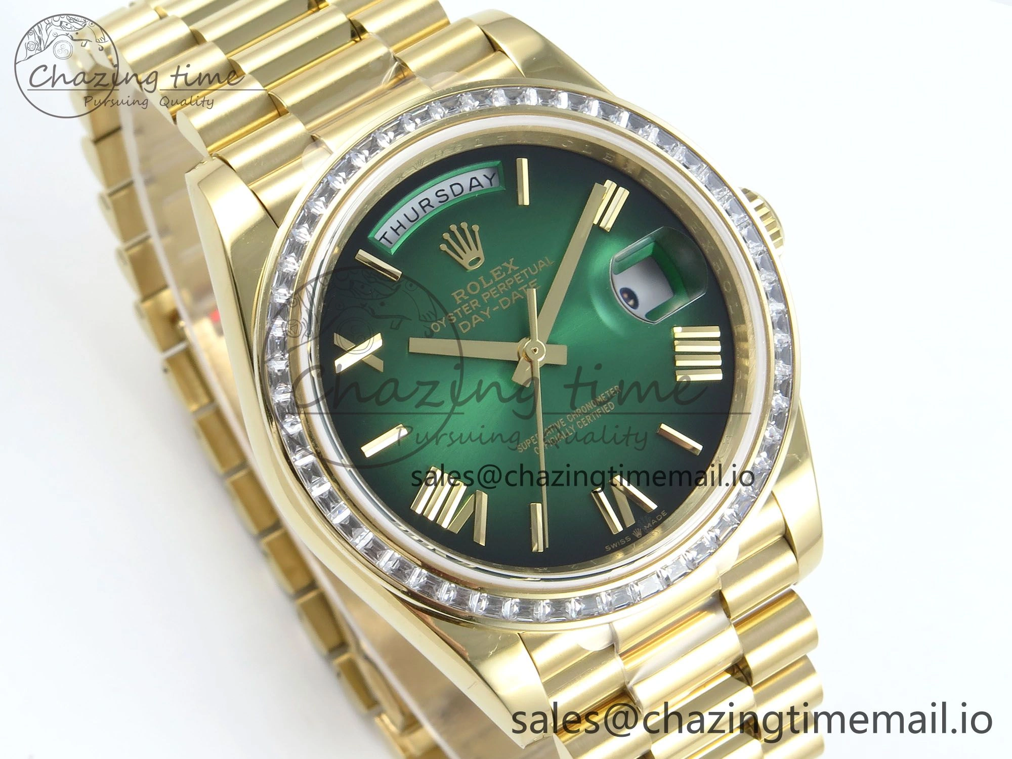 DayDate 40 YG QF 1:1 Best Edition Green Black Dial Diamonds Bezel on President Bracelet A2836 V5 (Gain Weight) Reliable 490