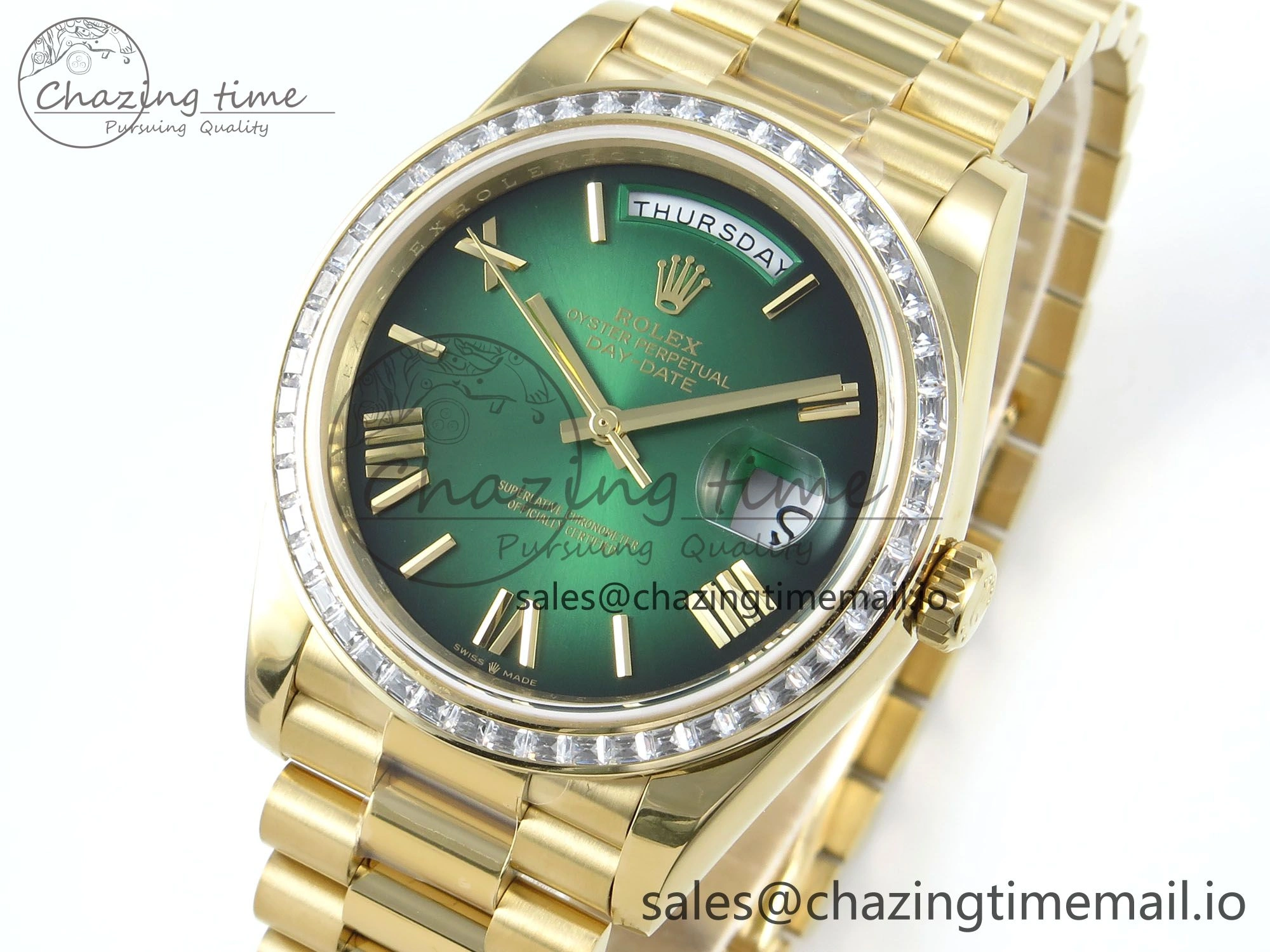DayDate 40 YG QF 1:1 Best Edition Green Black Dial Diamonds Bezel on President Bracelet A2836 V5 (Gain Weight) Reliable 490