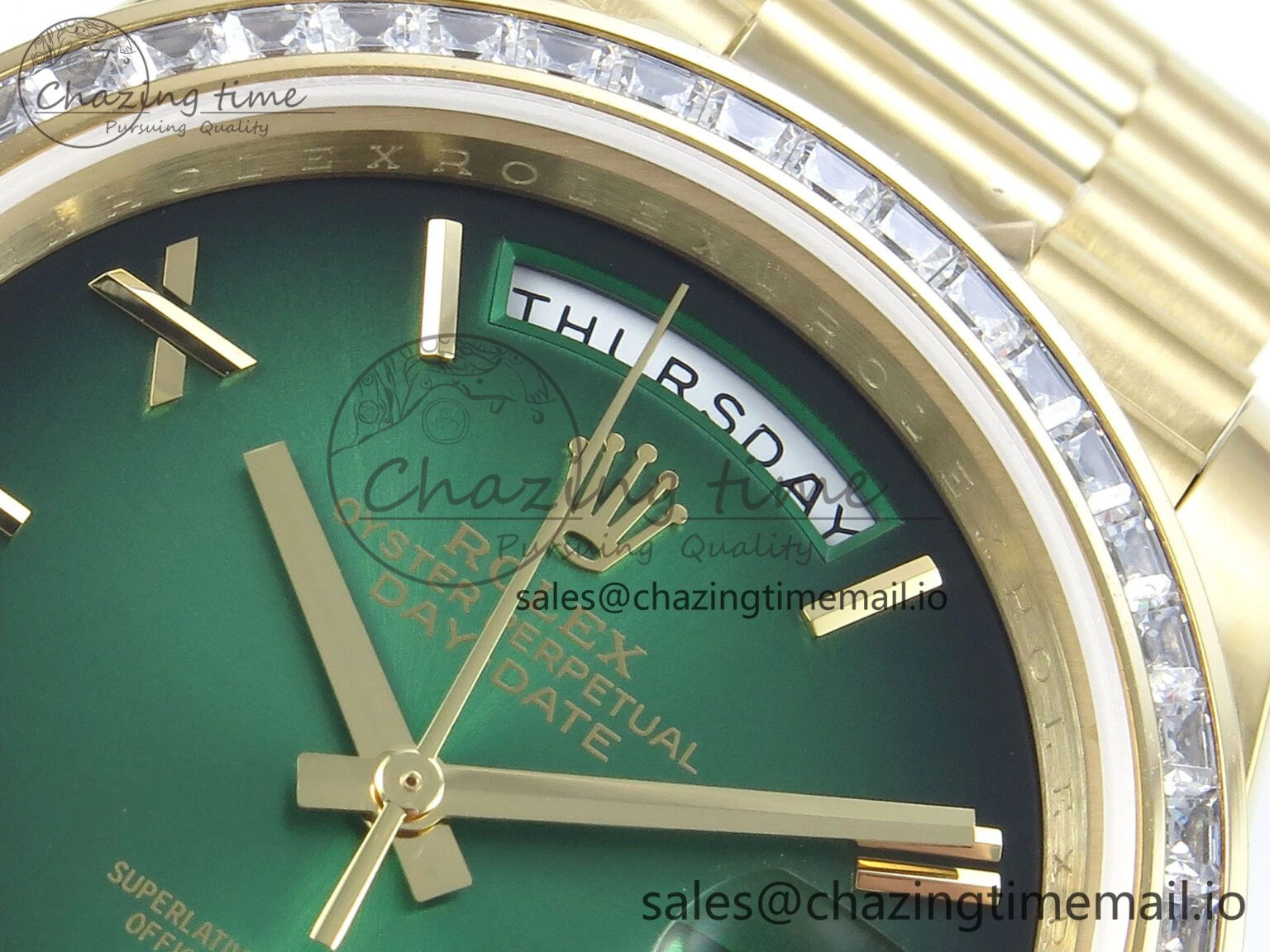 DayDate 40 YG QF 1:1 Best Edition Green Black Dial Diamonds Bezel on President Bracelet A2836 V5 (Gain Weight) Reliable 490