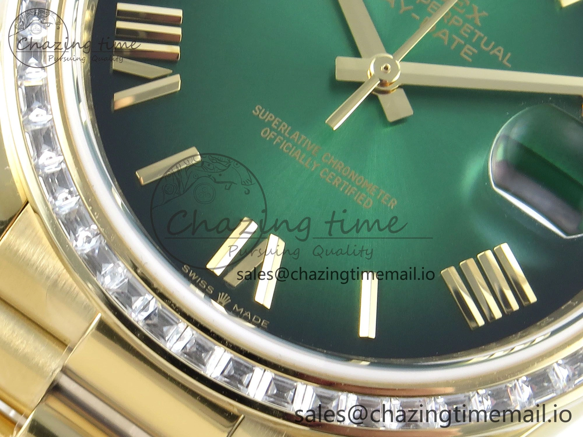 DayDate 40 YG QF 1:1 Best Edition Green Black Dial Diamonds Bezel on President Bracelet A2836 V5 (Gain Weight) Reliable 490