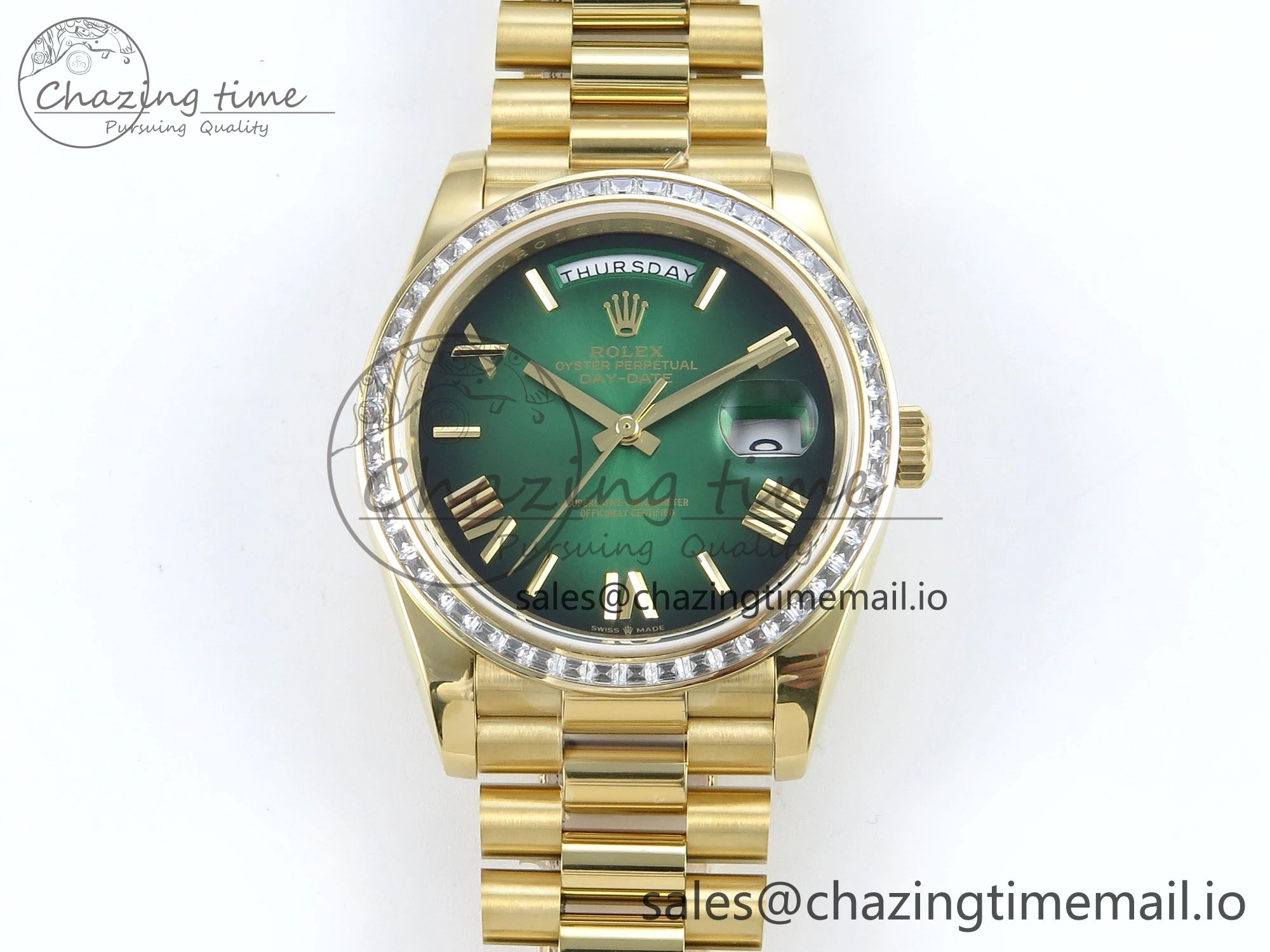 DayDate 40 YG QF 1:1 Best Edition Green Black Dial Diamonds Bezel on President Bracelet A2836 V5 (Gain Weight) Reliable 490