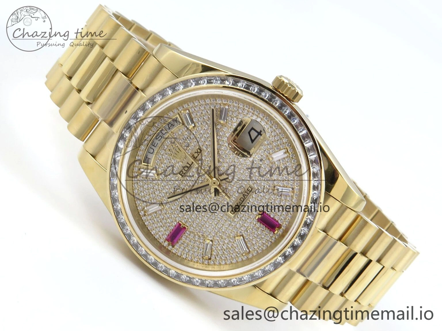 DailyWear DayDate 40 YG QF 1:1 Best Edition Pink Diamonds Dial Diamonds Bezel on President Bracelet A2836 V5 (Gain Weight) 488