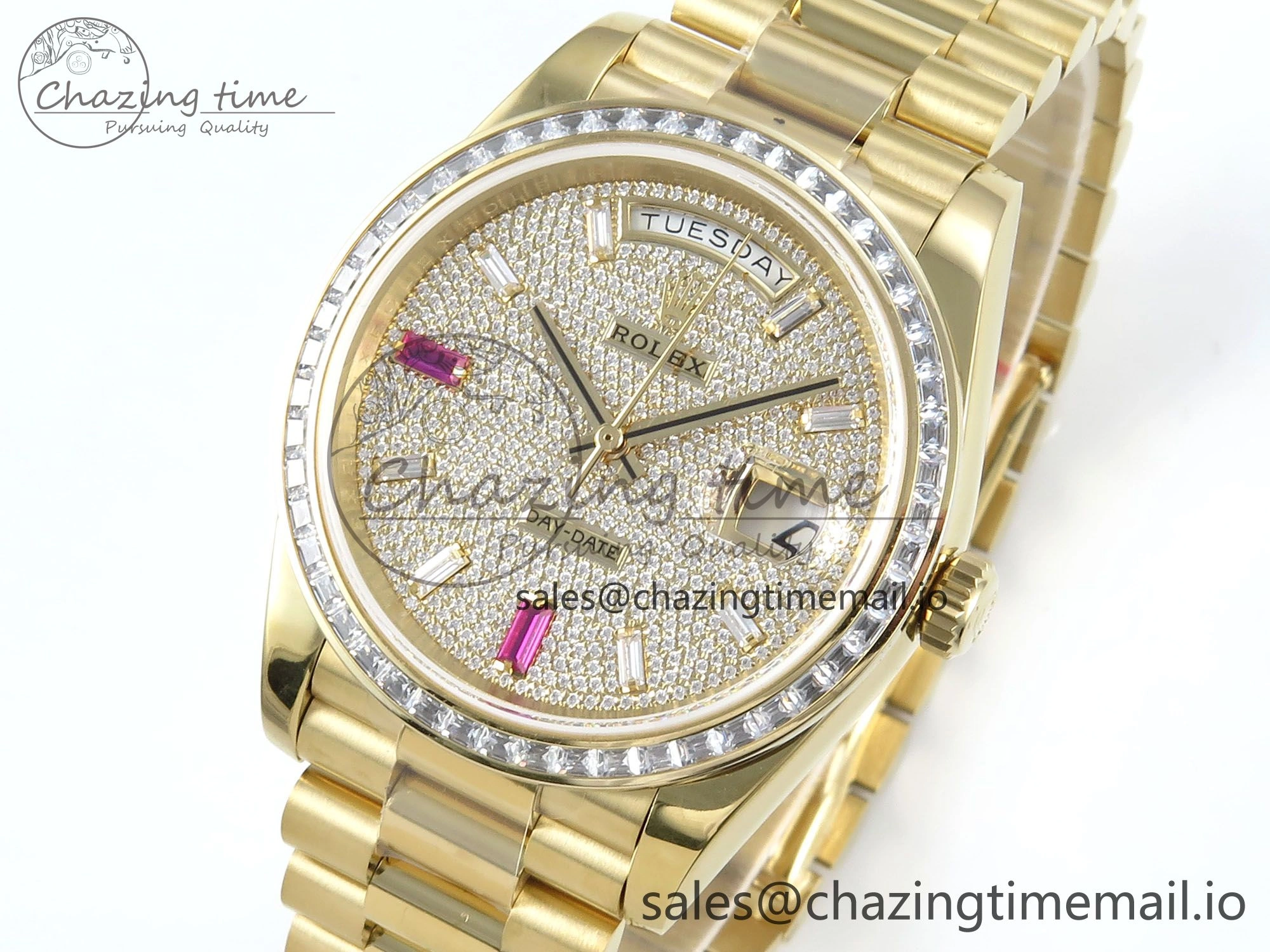 DailyWear DayDate 40 YG QF 1:1 Best Edition Pink Diamonds Dial Diamonds Bezel on President Bracelet A2836 V5 (Gain Weight) 488