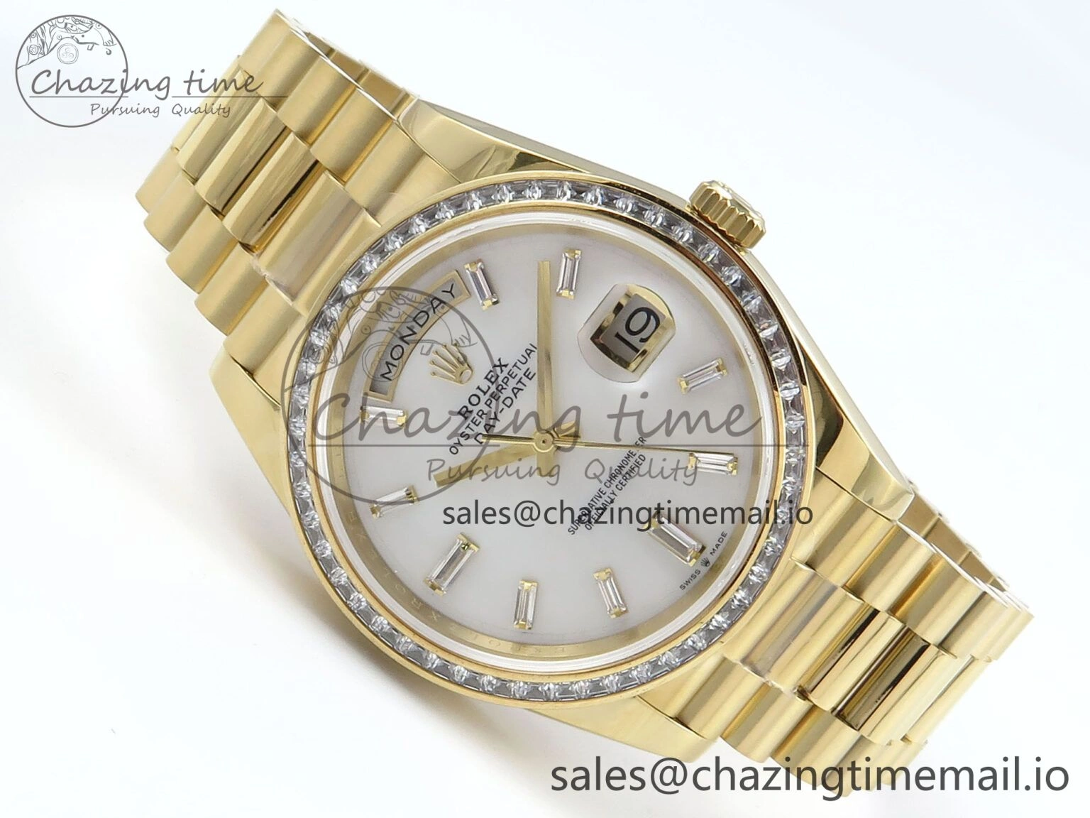 DayDate 40 YG QF 1:1 Best Edition White MOP Dial Diamonds Bezel on President Bracelet A2836 V5 (Gain Weight) Upgraded 483