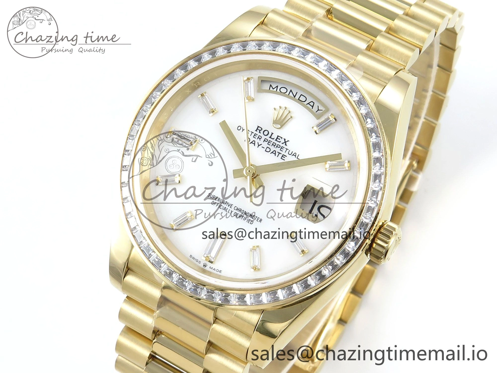 DayDate 40 YG QF 1:1 Best Edition White MOP Dial Diamonds Bezel on President Bracelet A2836 V5 (Gain Weight) Upgraded 483