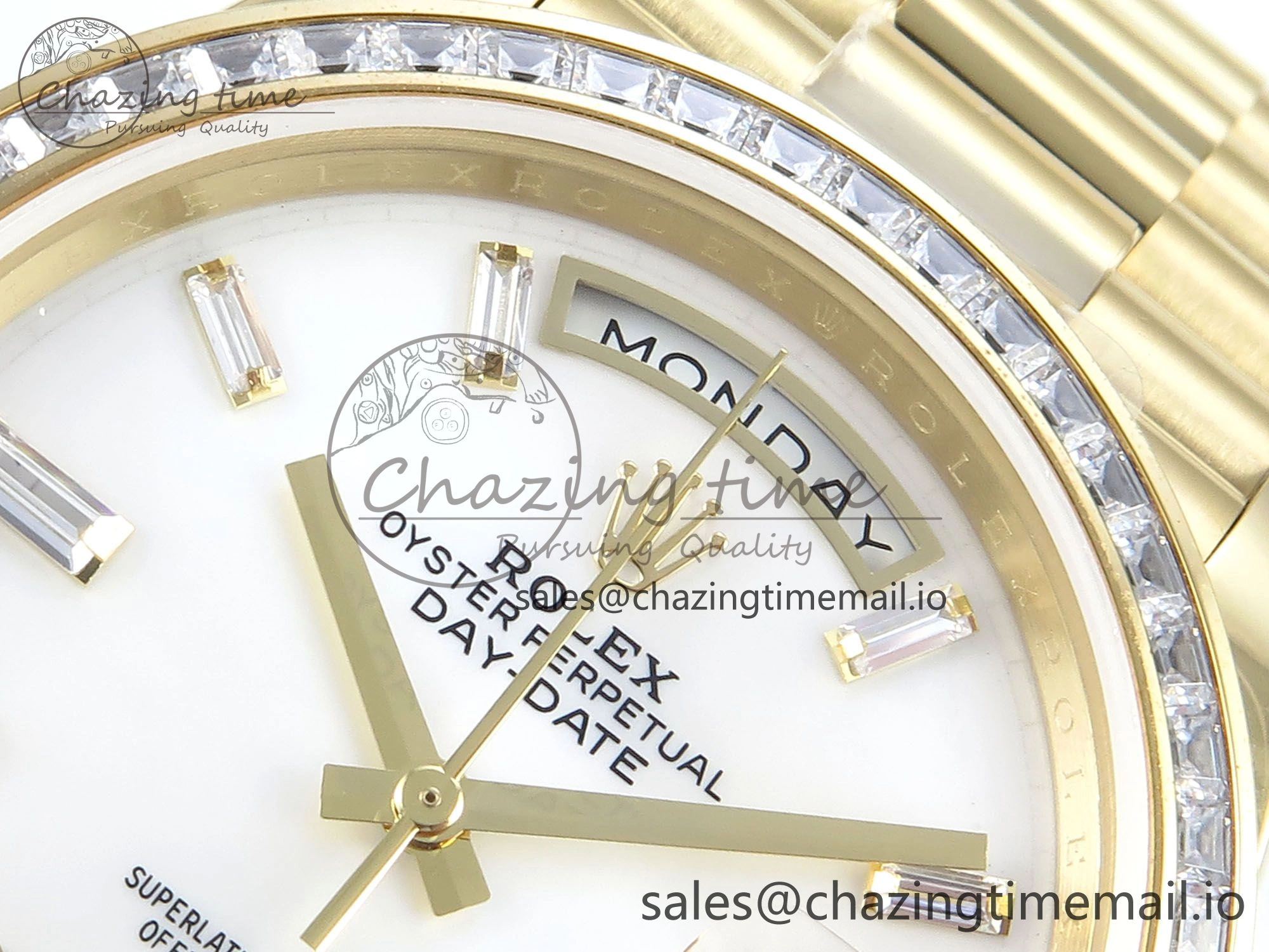 DayDate 40 YG QF 1:1 Best Edition White MOP Dial Diamonds Bezel on President Bracelet A2836 V5 (Gain Weight) Upgraded 483