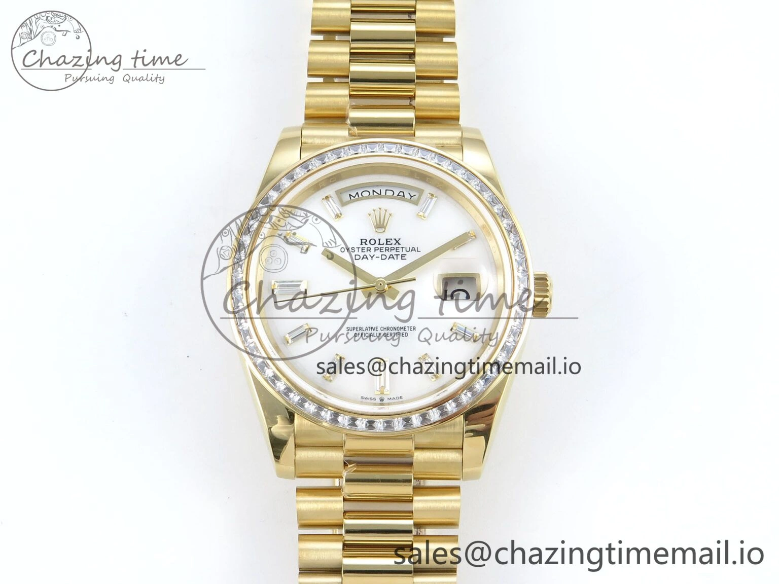 DayDate 40 YG QF 1:1 Best Edition White MOP Dial Diamonds Bezel on President Bracelet A2836 V5 (Gain Weight) Upgraded 483
