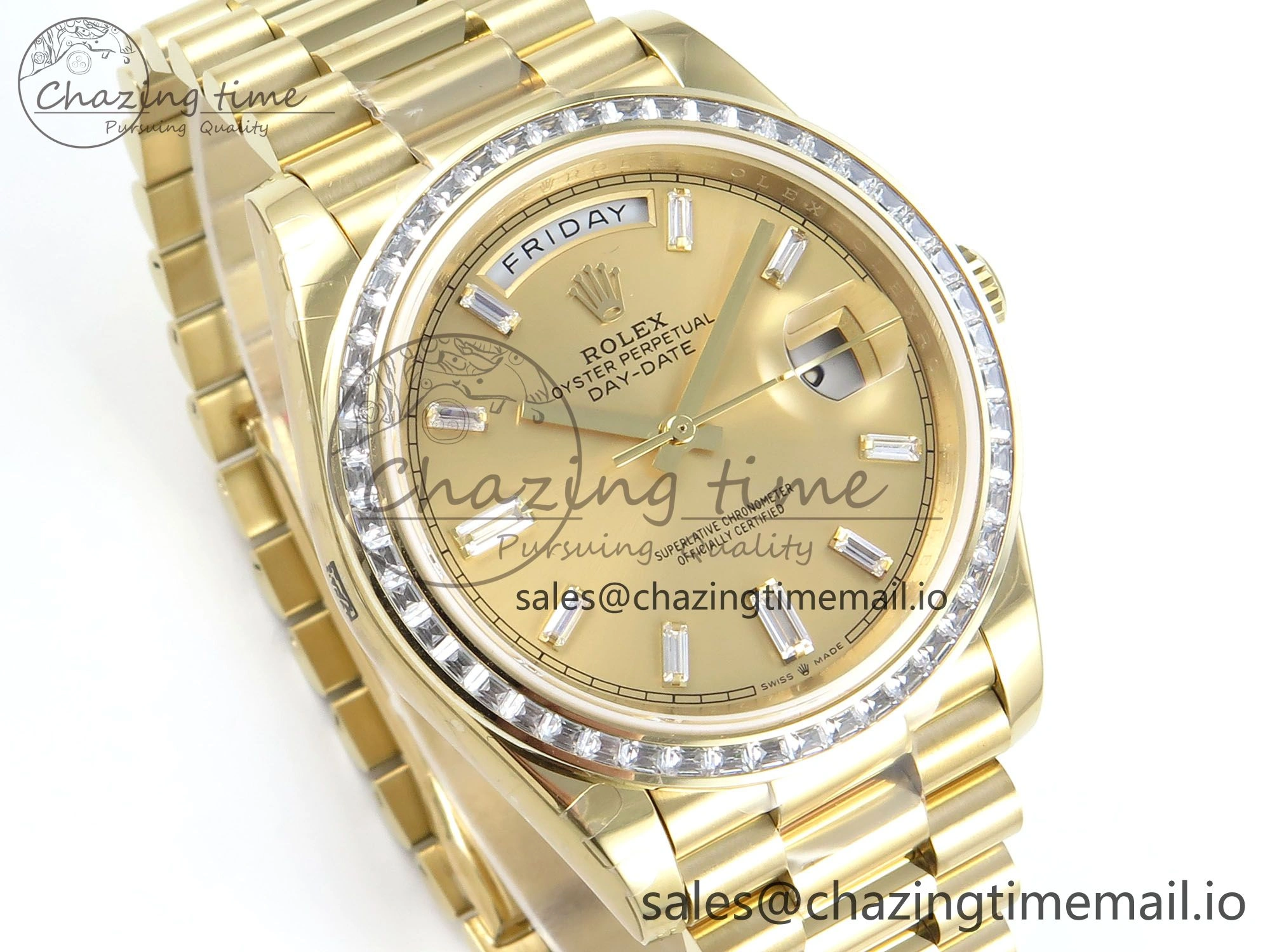 WellDesigned DayDate 40 YG QF 1:1 Best Edition YG Crystal Dial Diamonds Bezel on President Bracelet A2836 V5 (Gain Weight) 484