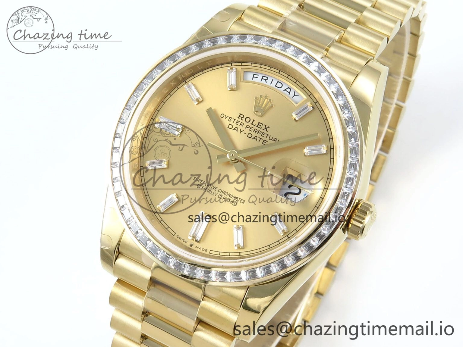 WellDesigned DayDate 40 YG QF 1:1 Best Edition YG Crystal Dial Diamonds Bezel on President Bracelet A2836 V5 (Gain Weight) 484
