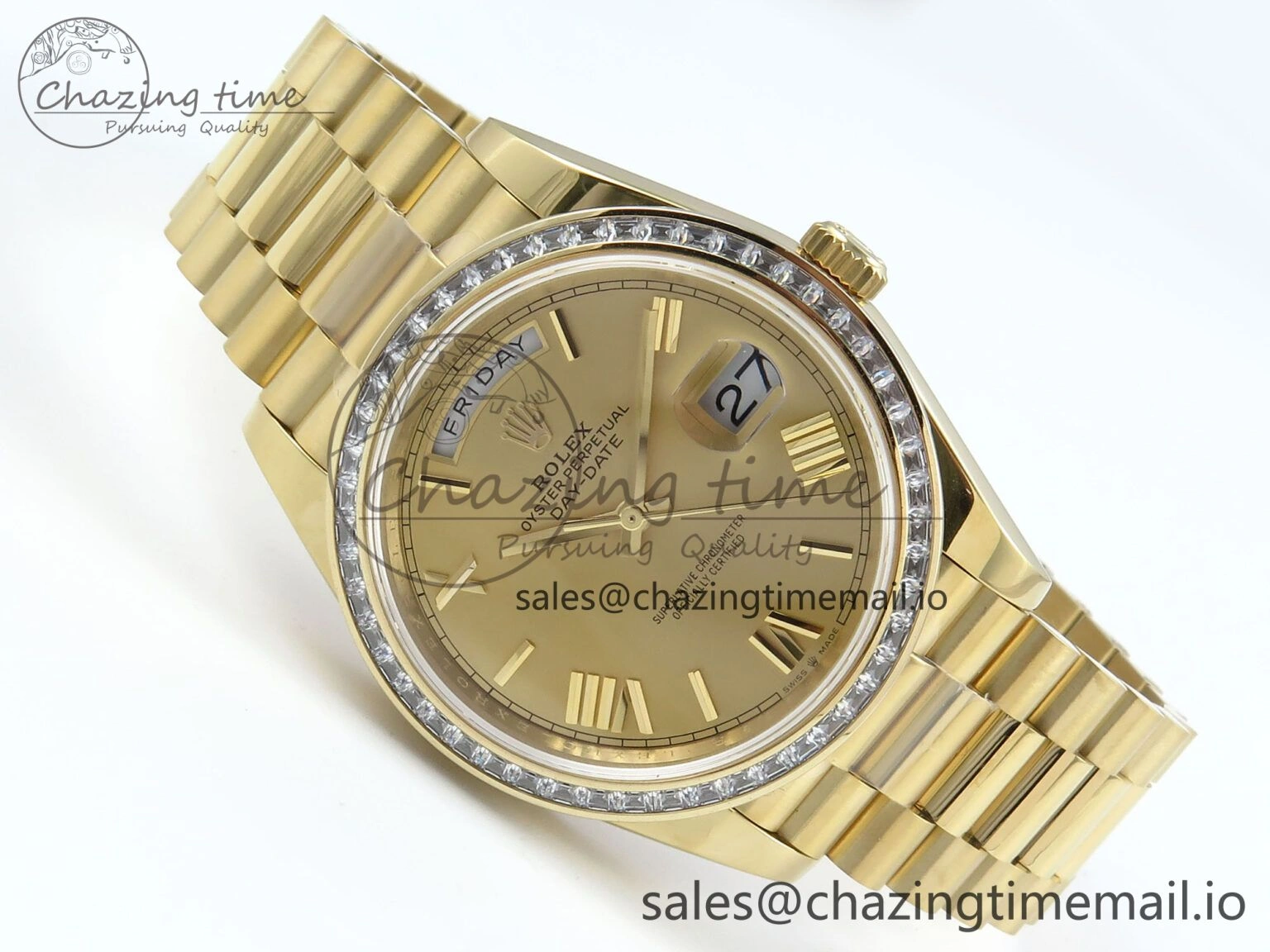 Casual DayDate 40 YG QF 1:1 Best Edition YG Roman Dial Diamonds Bezel on President Bracelet A2836 V5 (Gain Weight) 489