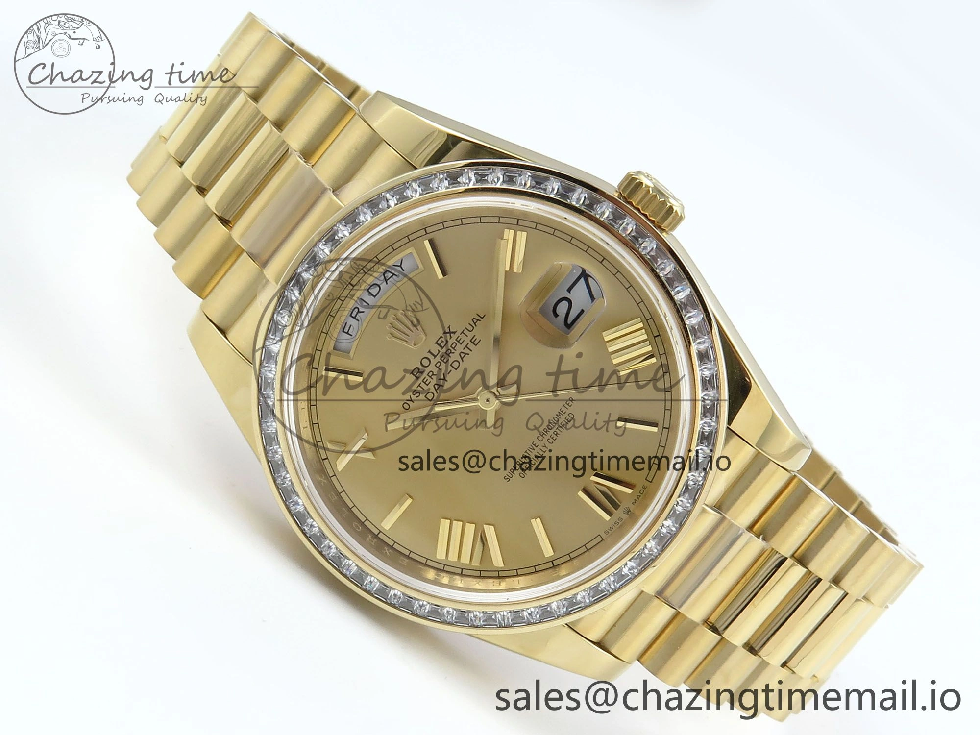 Casual DayDate 40 YG QF 1:1 Best Edition YG Roman Dial Diamonds Bezel on President Bracelet A2836 V5 (Gain Weight) 489