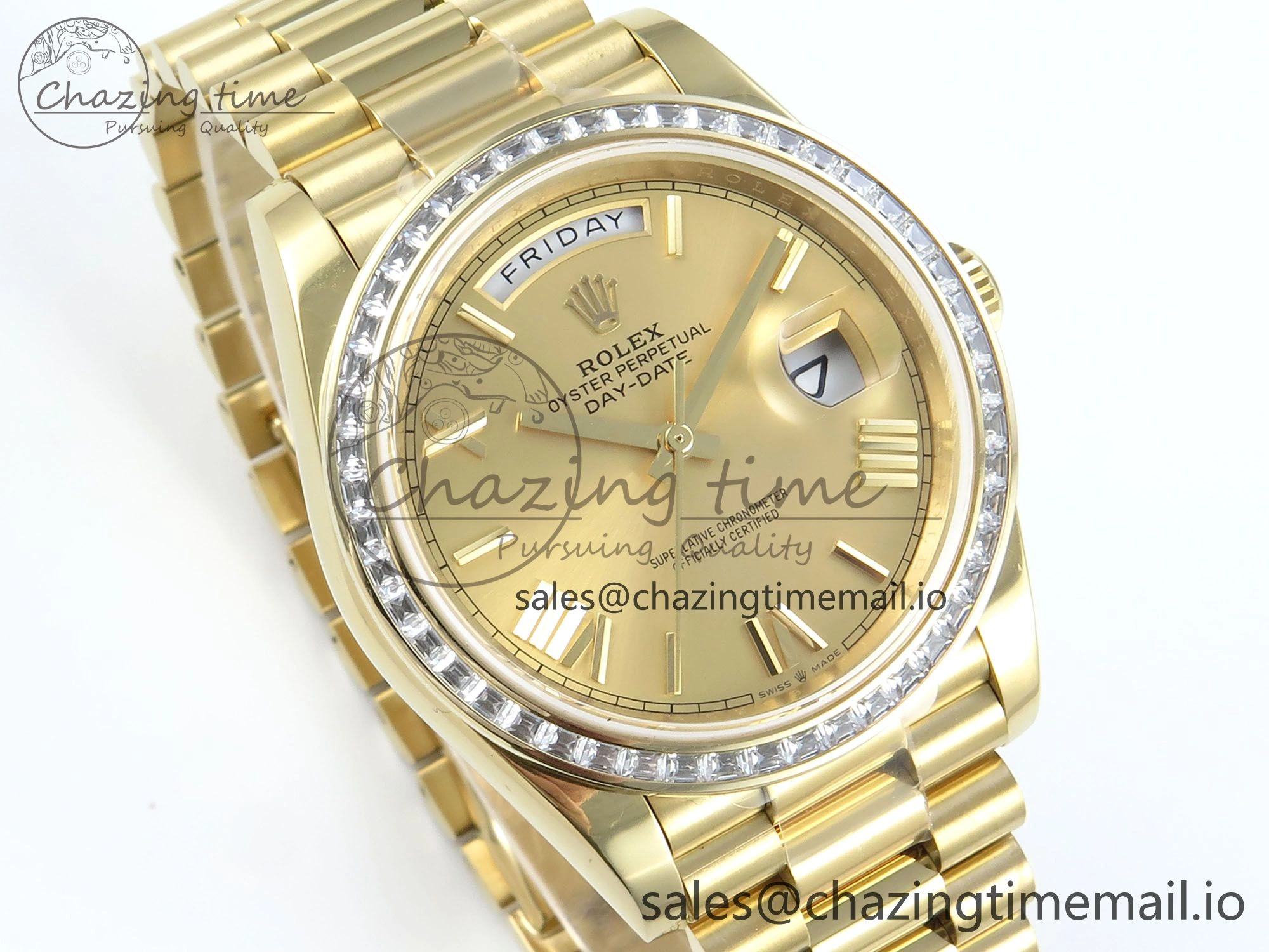 Casual DayDate 40 YG QF 1:1 Best Edition YG Roman Dial Diamonds Bezel on President Bracelet A2836 V5 (Gain Weight) 489