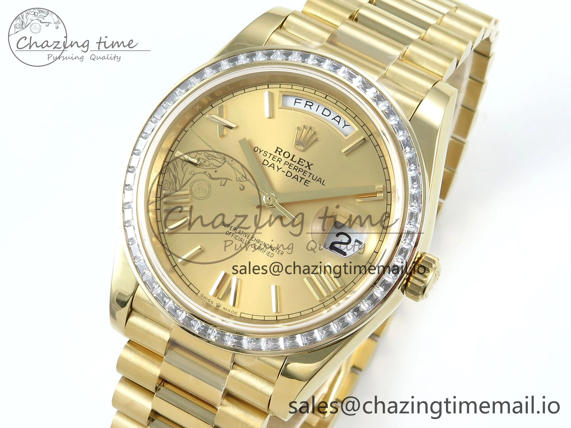 Casual DayDate 40 YG QF 1:1 Best Edition YG Roman Dial Diamonds Bezel on President Bracelet A2836 V5 (Gain Weight) 489