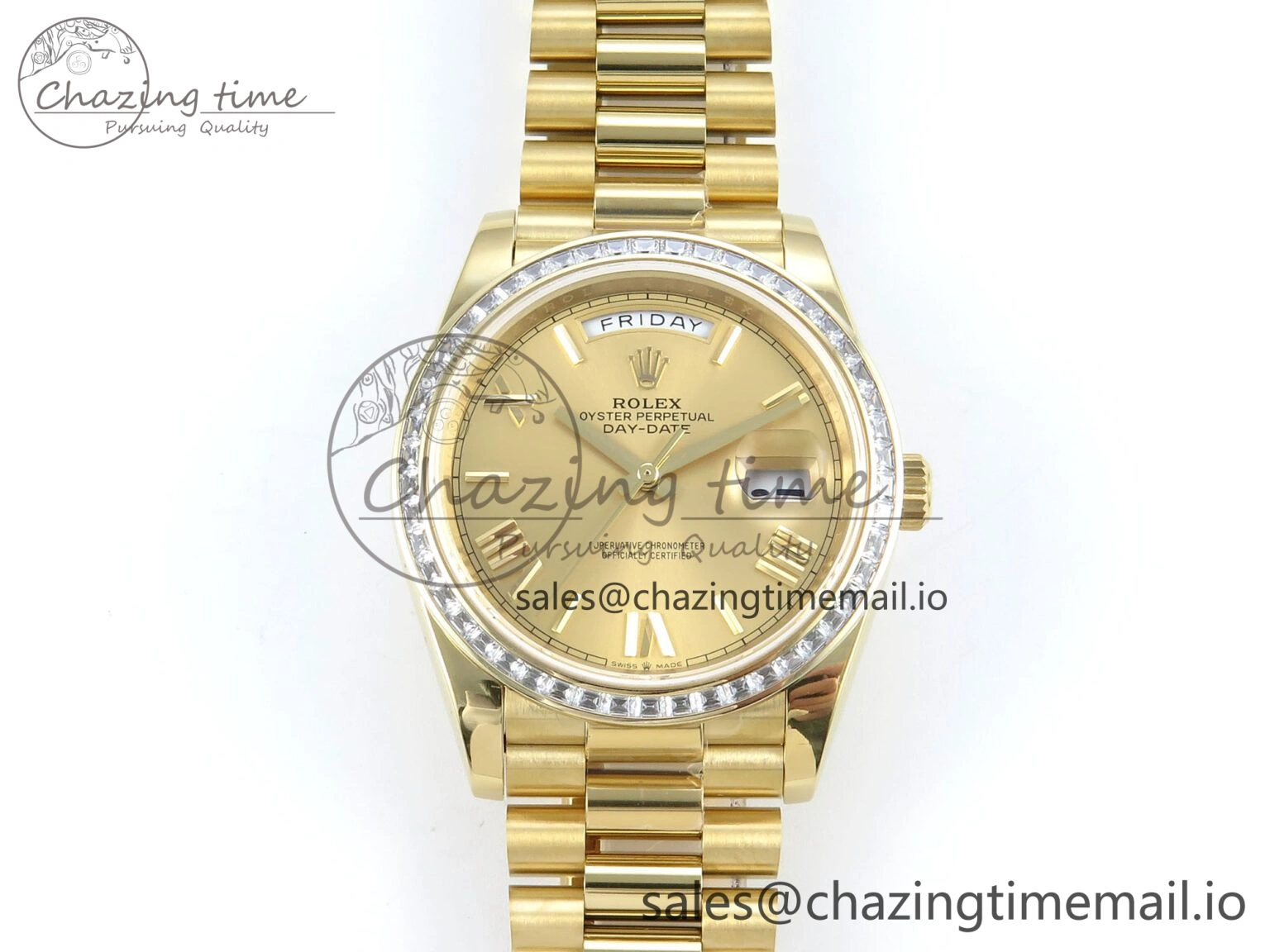 Casual DayDate 40 YG QF 1:1 Best Edition YG Roman Dial Diamonds Bezel on President Bracelet A2836 V5 (Gain Weight) 489