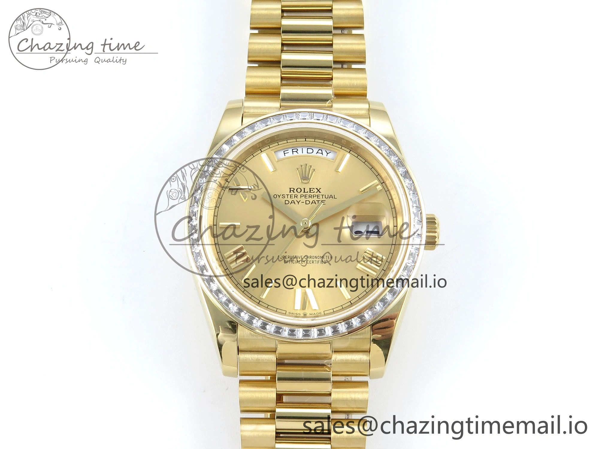 Casual DayDate 40 YG QF 1:1 Best Edition YG Roman Dial Diamonds Bezel on President Bracelet A2836 V5 (Gain Weight) 489