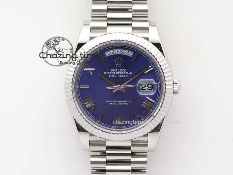 TechFriendly DayDate 40mm BP-Maker 228206 SS Blue Roman Dial (Fluted Bezel) On SS Bracelet ETA 3907