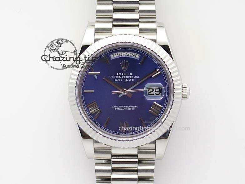 TechFriendly DayDate 40mm BP-Maker 228206 SS Blue Roman Dial (Fluted Bezel) On SS Bracelet ETA 3907