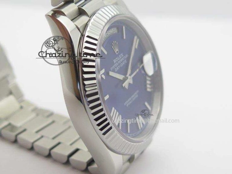 TechFriendly DayDate 40mm BP-Maker 228206 SS Blue Roman Dial (Fluted Bezel) On SS Bracelet ETA 3907