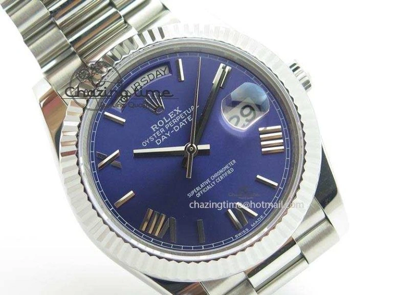TechFriendly DayDate 40mm BP-Maker 228206 SS Blue Roman Dial (Fluted Bezel) On SS Bracelet ETA 3907