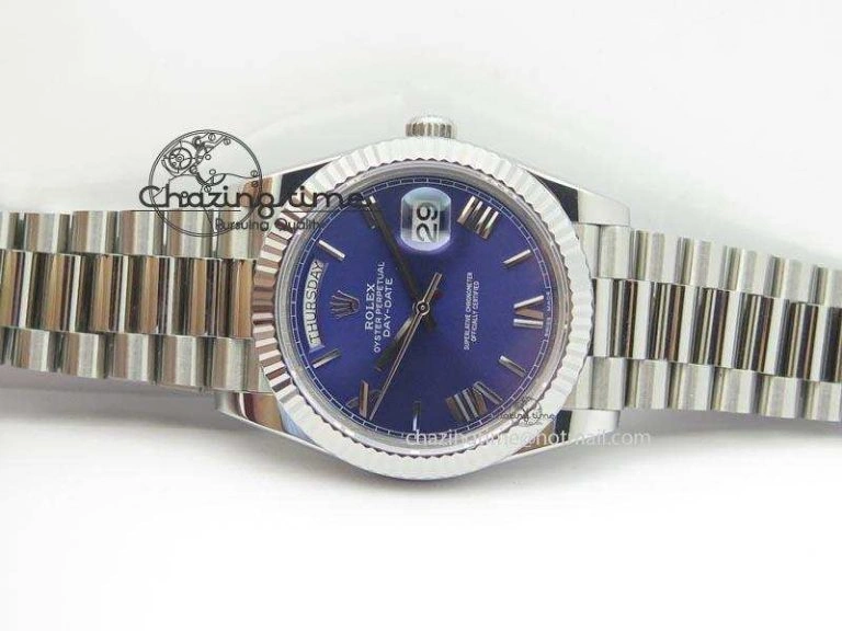 TechFriendly DayDate 40mm BP-Maker 228206 SS Blue Roman Dial (Fluted Bezel) On SS Bracelet ETA 3907