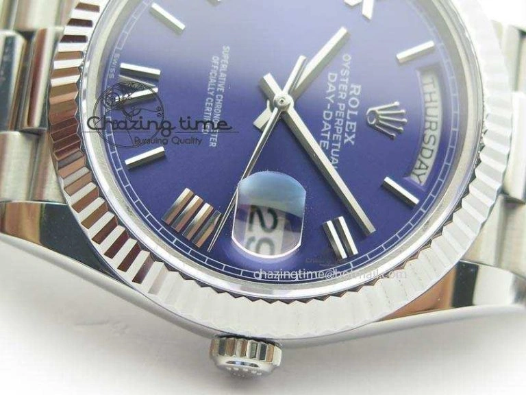 TechFriendly DayDate 40mm BP-Maker 228206 SS Blue Roman Dial (Fluted Bezel) On SS Bracelet ETA 3907
