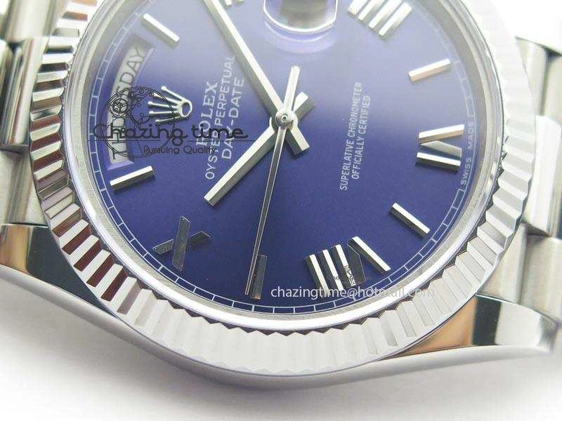 TechFriendly DayDate 40mm BP-Maker 228206 SS Blue Roman Dial (Fluted Bezel) On SS Bracelet ETA 3907