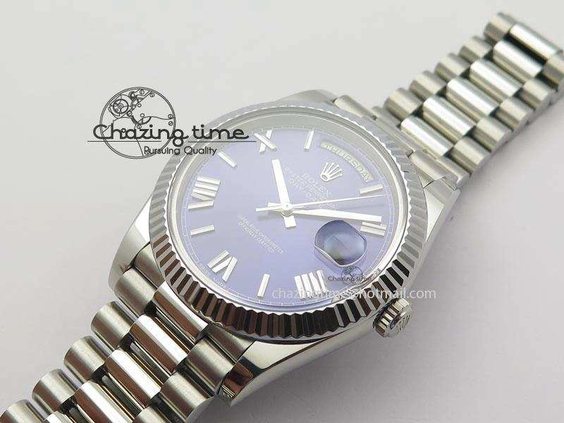 TechFriendly DayDate 40mm BP-Maker 228206 SS Blue Roman Dial (Fluted Bezel) On SS Bracelet ETA 3907