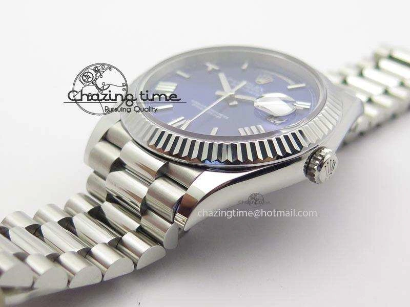 TechFriendly DayDate 40mm BP-Maker 228206 SS Blue Roman Dial (Fluted Bezel) On SS Bracelet ETA 3907