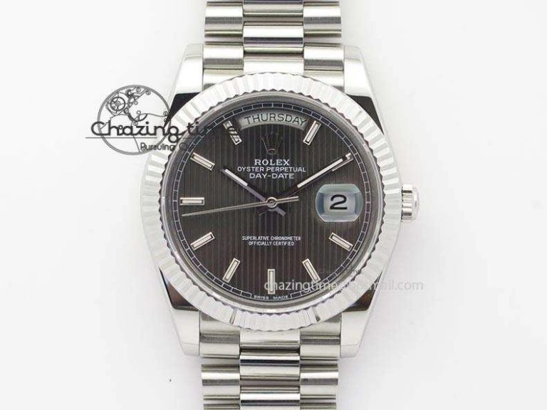 WaterResistant DayDate 40mm BP-Maker 228206 SS Gray Stick Dial (Fluted Bezel) On SS Bracelet ETA 3911