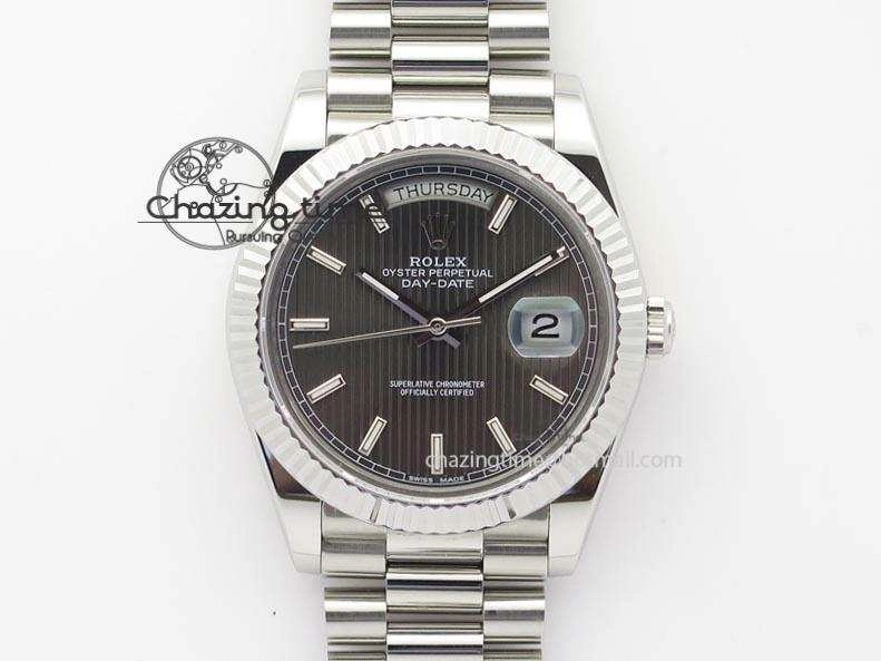 WaterResistant DayDate 40mm BP-Maker 228206 SS Gray Stick Dial (Fluted Bezel) On SS Bracelet ETA 3911
