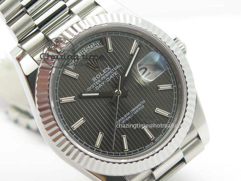 WaterResistant DayDate 40mm BP-Maker 228206 SS Gray Stick Dial (Fluted Bezel) On SS Bracelet ETA 3911