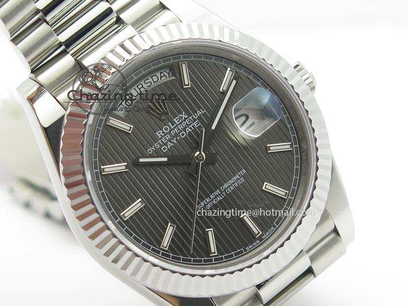 WaterResistant DayDate 40mm BP-Maker 228206 SS Gray Stick Dial (Fluted Bezel) On SS Bracelet ETA 3911