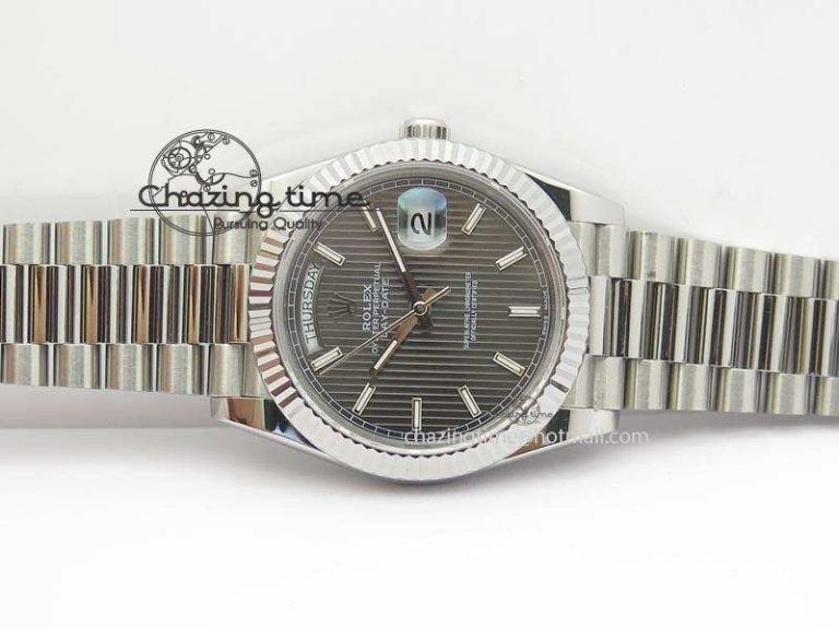 WaterResistant DayDate 40mm BP-Maker 228206 SS Gray Stick Dial (Fluted Bezel) On SS Bracelet ETA 3911